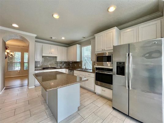 Chandelier, Interior, Kitchen, Recessed Lighting, Stainless Steel Appliances, Wood Texture Flooring