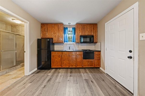 Interior, Kitchen, Tile Countertops, Wood Texture Flooring