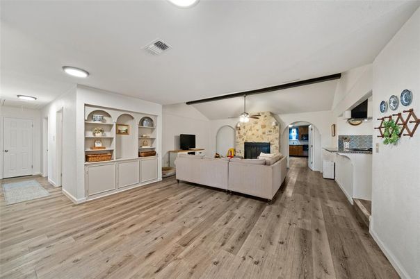 Interior, Living room, Recessed Lighting, Stone Walls, Wood Texture Flooring