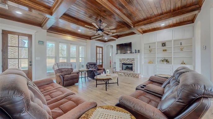 Fireplace, Interior, Living room, Recessed Lighting, Wooden Beams, Wooden Ceilings, Wood Texture Flooring