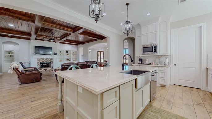 Fireplace, Interior, Kitchen, Living room, Pendant Lights, Recessed Lighting, Wooden Beams, Wooden Ceilings, Wood Texture Flooring