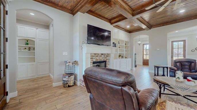Fireplace, Interior, Living room, Recessed Lighting, Wooden Beams, Wooden Ceilings, Wood Texture Flooring