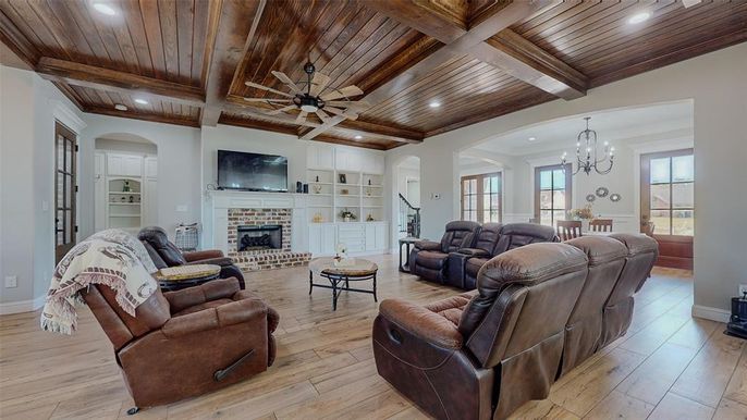Chandelier, Fireplace, Interior, Living room, Recessed Lighting, Wooden Beams, Wooden Ceilings, Wood Texture Flooring