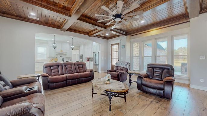 Interior, Kitchen, Living room, Pendant Lights, Recessed Lighting, Stainless Steel Appliances, Wooden Beams, Wooden Ceilings, Wood Texture Flooring