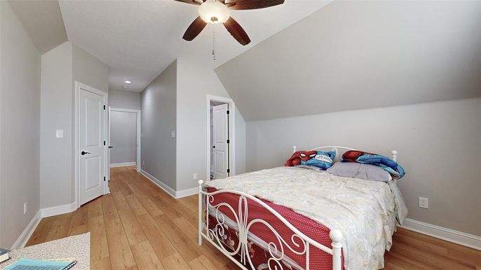 Bedroom, Interior, Recessed Lighting, Wood Texture Flooring
