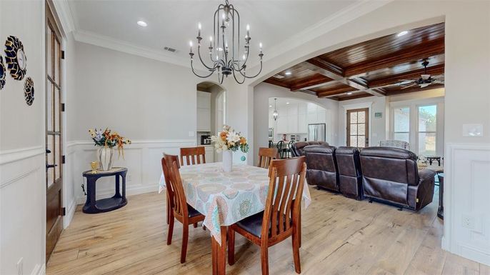 Chandelier, Dining room, Interior, Living room, Recessed Lighting, Wooden Beams, Wooden Ceilings, Wood Texture Flooring
