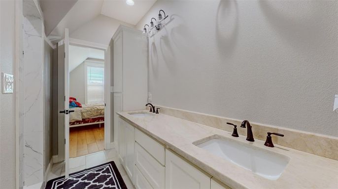 Bathroom, Dual Sink Vanities, Interior, Recessed Lighting, Wood Texture Flooring