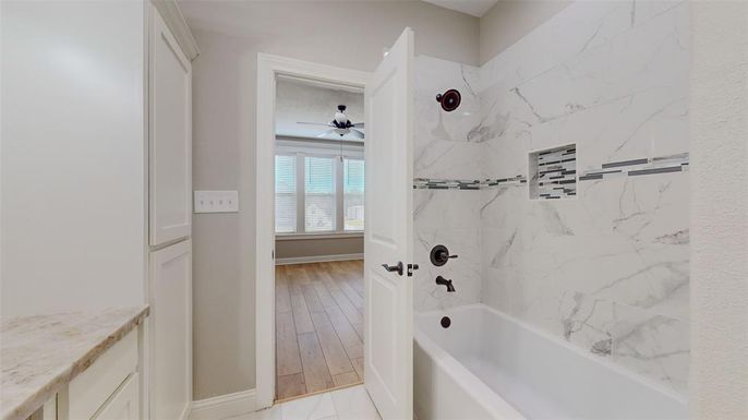 Bathroom, Interior, Marble Walls, Wood Texture Flooring
