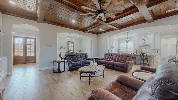 Chandelier, Dining room, Interior, Kitchen, Living room, Pendant Lights, Recessed Lighting, Wooden Beams, Wooden Ceilings, Wood Texture Flooring