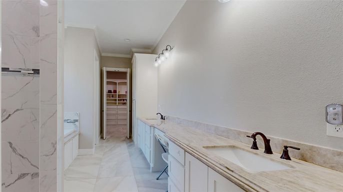 Bathroom, Dual Sink Vanities, Interior, Marble, Marble Walls