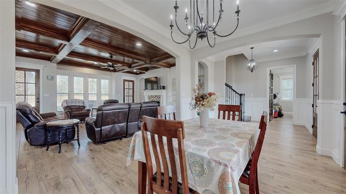 Chandelier, Dining room, Interior, Living room, Pendant Lights, Recessed Lighting, Wooden Beams, Wooden Ceilings, Wood Texture Flooring