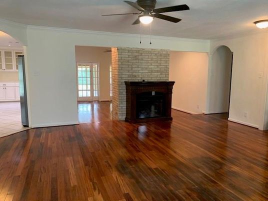 Empty room, Fireplace, Interior, Stone Walls, Wood Texture Flooring