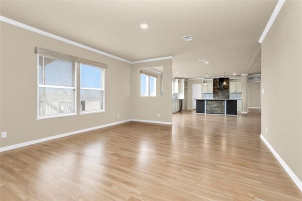 Empty room, Fireplace, Interior, Kitchen, Pendant Lights, Recessed Lighting, Wood Texture Flooring
