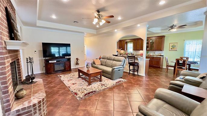 Fireplace, Interior, Living room, Recessed Lighting, Stone Walls