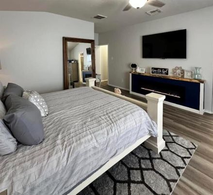 Bedroom, Fireplace, Interior, Wood Texture Flooring