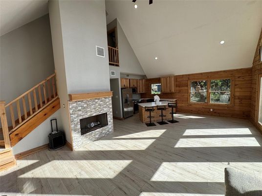 Fireplace, Interior, Kitchen, Recessed Lighting, Wood Texture Flooring, Wooden Walls