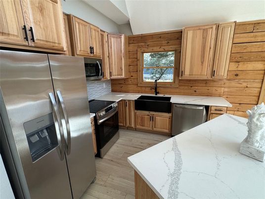 Interior, Kitchen, Stainless Steel Appliances, Wood Texture Flooring, Wooden Walls
