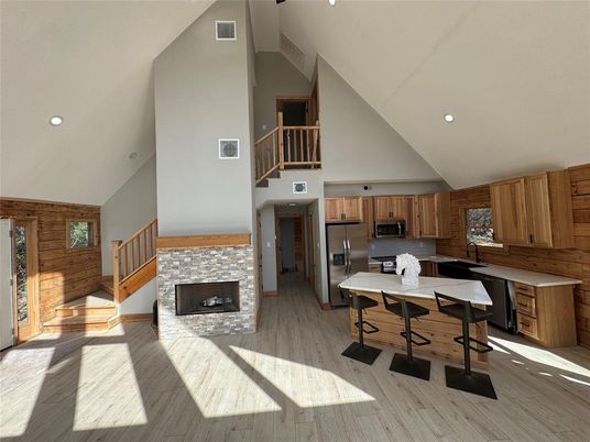 Fireplace, Interior, Kitchen, Recessed Lighting, Stainless Steel Appliances, Wood Texture Flooring, Wooden Walls