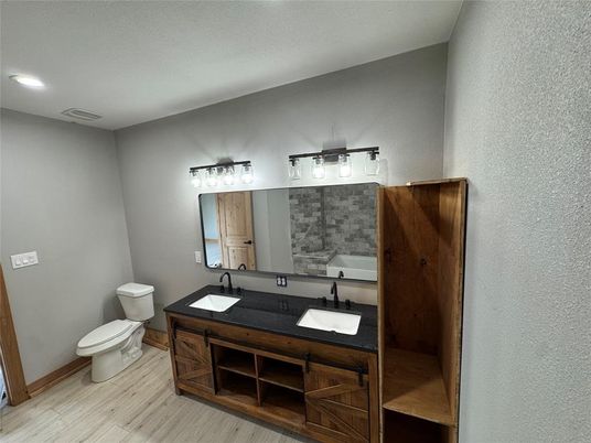 Bathroom, Dual Sink Vanities, Interior, Recessed Lighting, Wood Texture Flooring