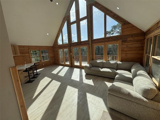 Interior, Living room, Recessed Lighting, Wood Texture Flooring, Wooden Walls