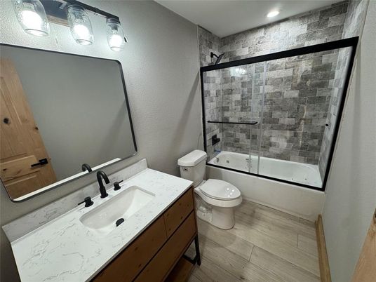 Bathroom, Glass Shower, Interior, Recessed Lighting, Wood Texture Flooring