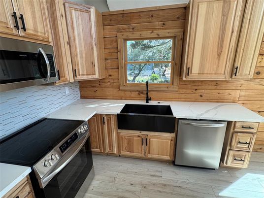 Interior, Kitchen, Stainless Steel Appliances, Wood Texture Flooring, Wooden Walls