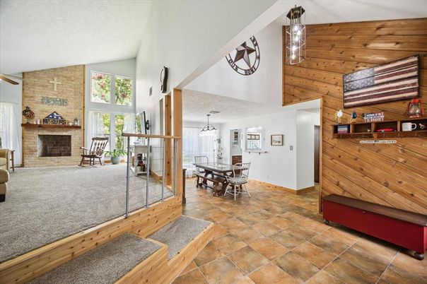 Dining room, Fireplace, Interior, Pendant Lights, Stone Walls, Wooden Ceilings, Wooden Walls