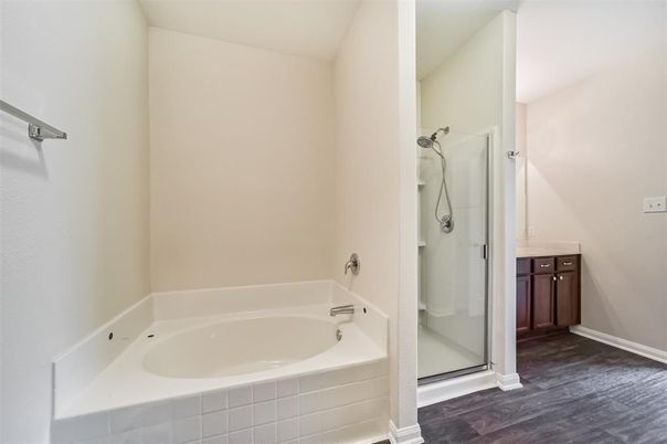 Bathroom, Glass Shower, Interior, Wood Texture Flooring