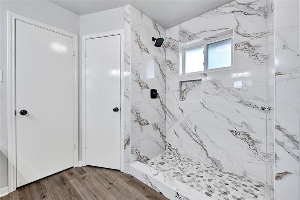 Bathroom, Interior, Marble Walls, Wood Texture Flooring