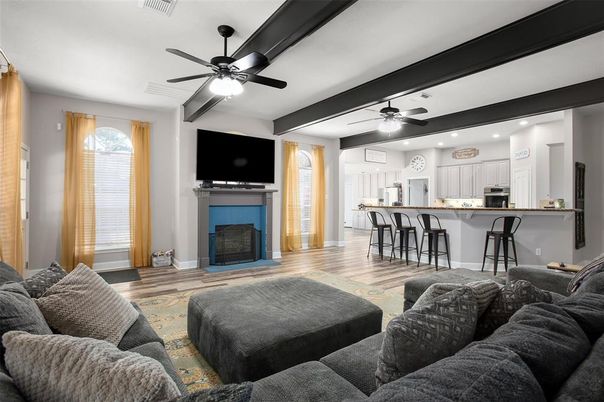 Fireplace, Interior, Kitchen, Living room, Recessed Lighting, Wood Texture Flooring