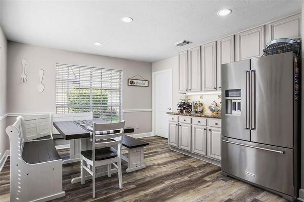 Dining room, Interior, Kitchen, Recessed Lighting, Stainless Steel Appliances, Wood Texture Flooring