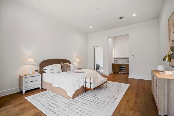 Bedroom, Interior, Recessed Lighting, Wood Texture Flooring