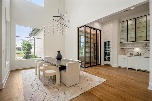 Dining room, Interior, Pendant Lights, Recessed Lighting, Wood Texture Flooring