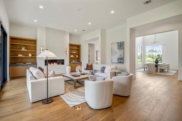 Fireplace, Interior, Living room, Pendant Lights, Recessed Lighting, Wood Texture Flooring