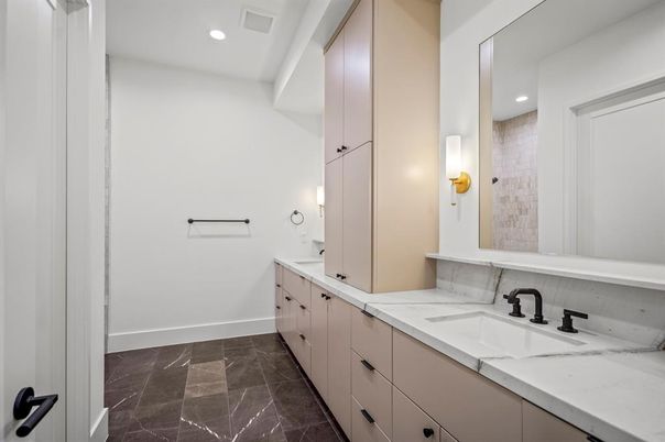 Bathroom, Dual Sink Vanities, Interior, Marble, Recessed Lighting
