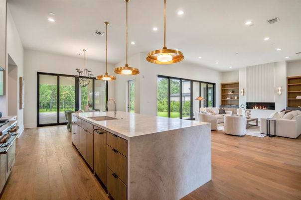 Dining room, Fireplace, Interior, Kitchen, Living room, Pendant Lights, Recessed Lighting, Wood Texture Flooring