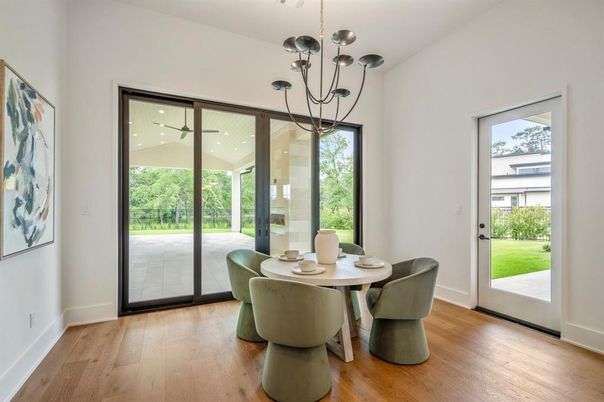 Chandelier, Dining room, Interior, Wood Texture Flooring
