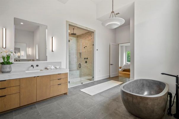 Bathroom, Dual Sink Vanities, Free Standing Baths, Glass Shower, Interior, Pendant Lights, Recessed Lighting