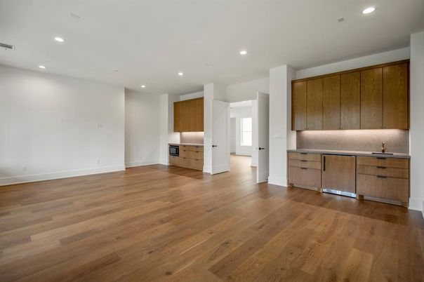 Empty room, Interior, Kitchen, Recessed Lighting, Wood Texture Flooring
