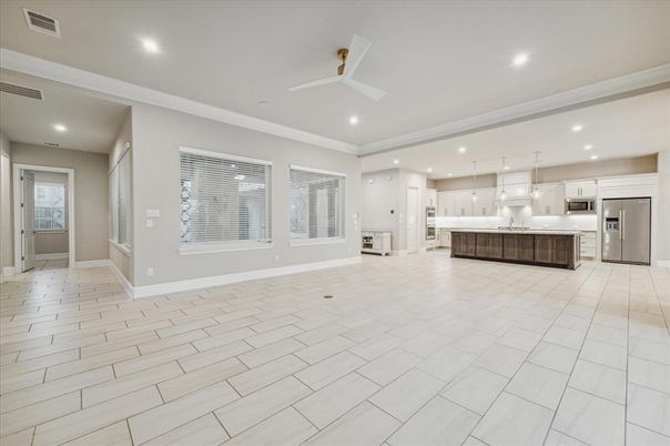 Empty room, Interior, Kitchen, Pendant Lights, Recessed Lighting, Stainless Steel Appliances