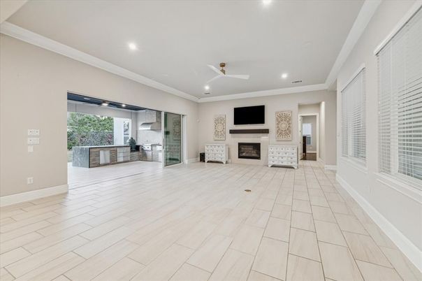 Empty room, Fireplace, Interior, Kitchen, Recessed Lighting, Wood Texture Flooring