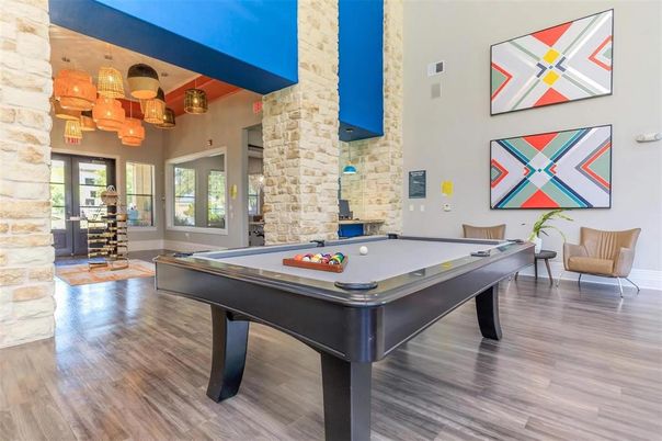 Billiard Table, Game Room, Interior, Stone Walls, Wood Texture Flooring