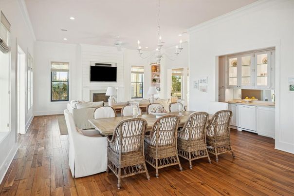 Chandelier, Dining room, Fireplace, Interior, Kitchen, Living room, Recessed Lighting, Wood Texture Flooring