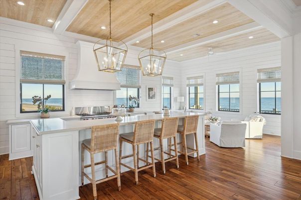 Interior, Kitchen, Living room, Pendant Lights, Recessed Lighting, Stainless Steel Appliances, Water, Wooden Ceilings, Wood Texture Flooring