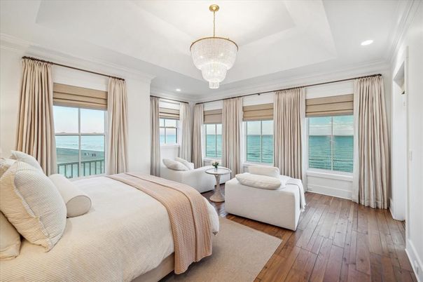 Bedroom, Chandelier, Interior, Recessed Lighting, Water, Wood Texture Flooring