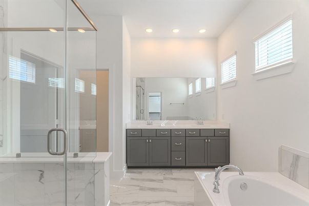 Bathroom, Dual Sink Vanities, Glass Shower, Interior, Marble, Recessed Lighting
