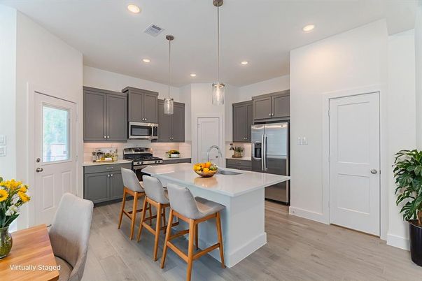 Interior, Kitchen, Pendant Lights, Recessed Lighting, Stainless Steel Appliances, Wood Texture Flooring