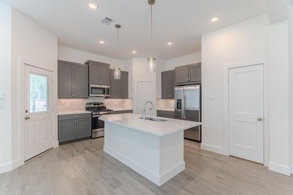 Interior, Kitchen, Pendant Lights, Recessed Lighting, Stainless Steel Appliances, Wood Texture Flooring