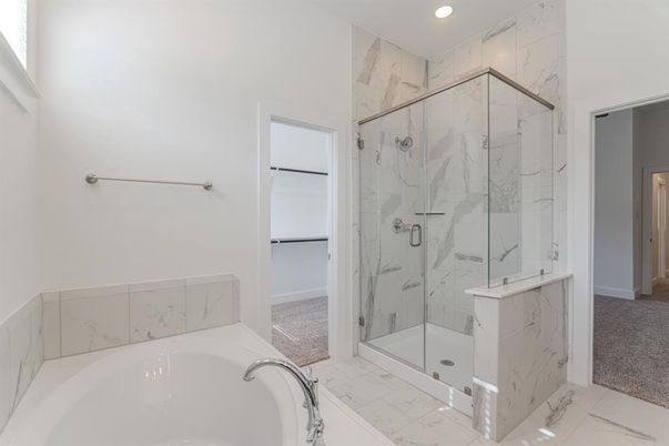 Bathroom, Glass Shower, Interior, Marble, Marble Walls, Recessed Lighting