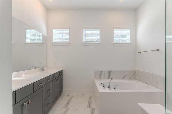Bathroom, Dual Sink Vanities, Interior, Marble, Recessed Lighting